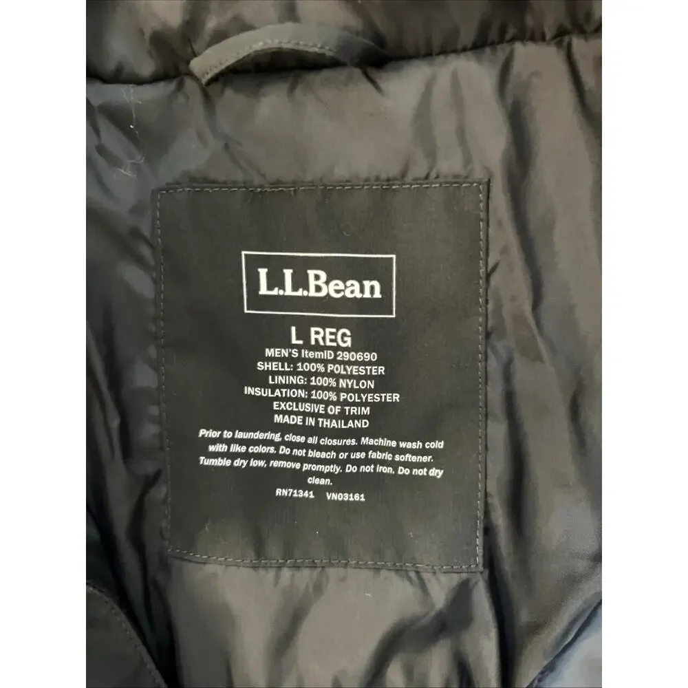 LL Bean Mens L Reg Storable Hood Parka Primaloft Full Zip Jacket Black
